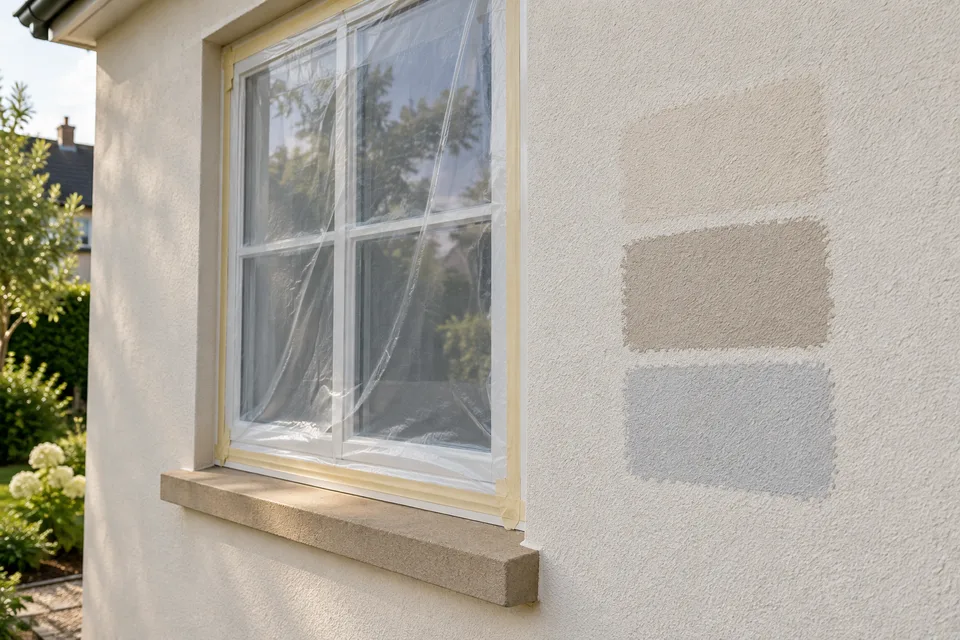 Render colour test panels beside a carefully masked window