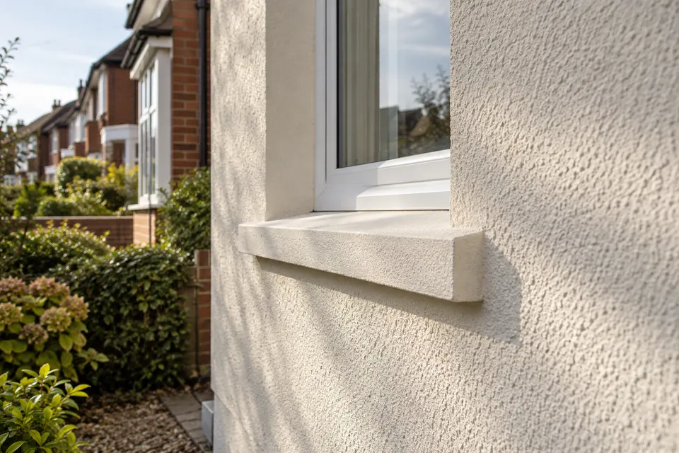 Illustrative close view of textured render at a window and projecting sill
